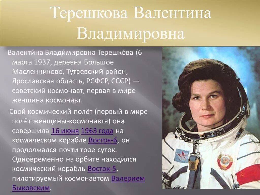 Первые женщины в космосе в россии. Герои космоса Терешкова.