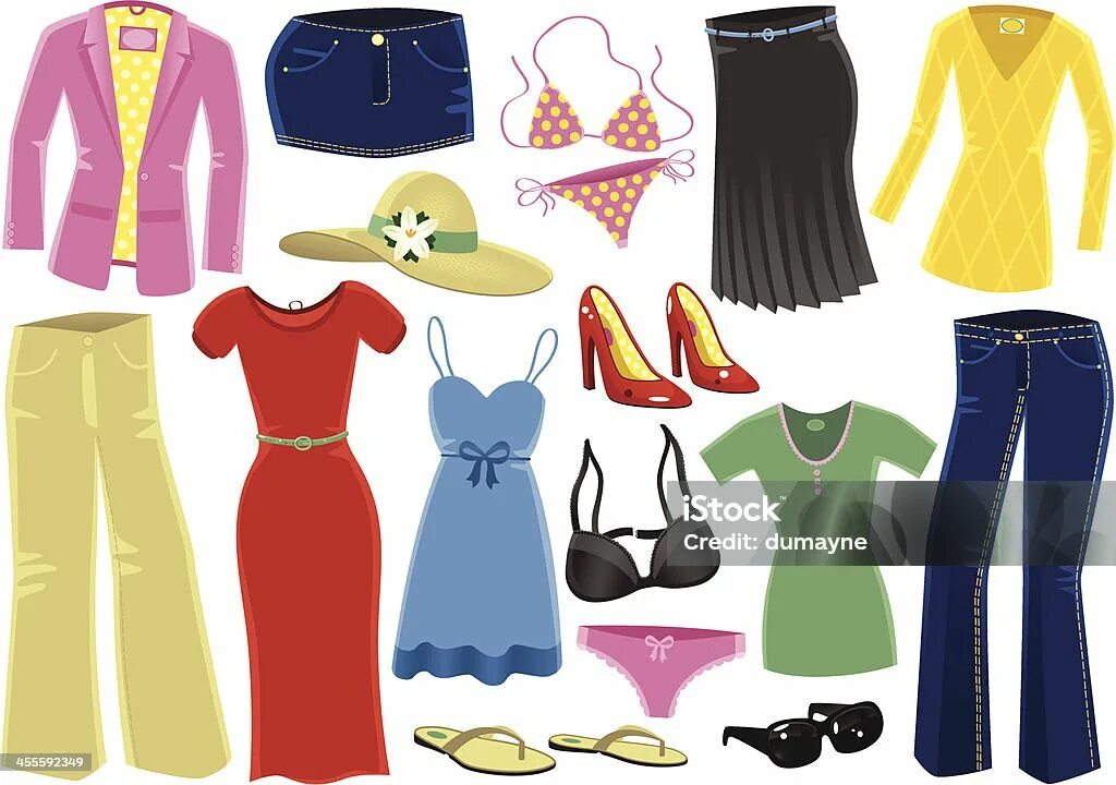 The items are in stock. Various items of clothing.