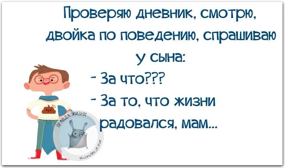 Решила проверить сына. Двойка за поведение. Двойка по поведению. Проверяю дневник смотрю двойка по поведению спрашиваю у сына.