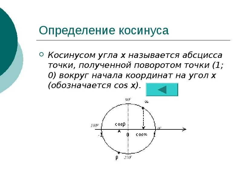 Синусом угла называется точки. Определение косинуса. координаты точки полученной поворотом точки 1 0 на угол. косинусом угла а называется абсцисса. косинус это абсцисса.