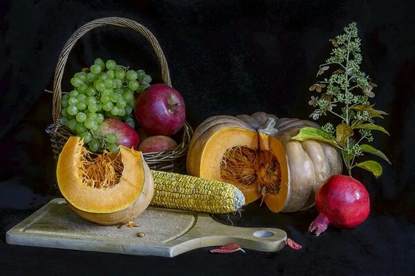 Алмазная мозаика натюрморт, фрукты, тыквы 90х60 см / Набор алмазной вышивки Алма