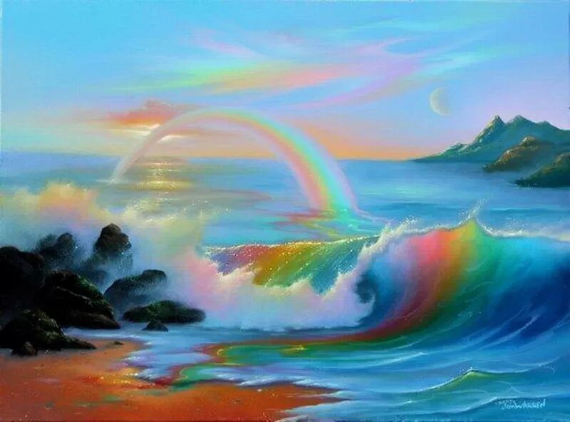Волна счастья песни. Картины море Джим Уоррен. Пейзаж с радугой. Радуга над морем. Радужное море.