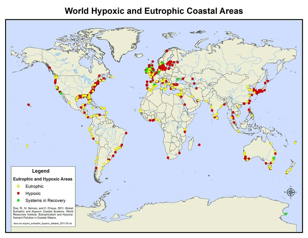 In most areas of the world. Coastal area. Eutrophication of the World Ocean Map. Degradation of Coastal area. Hypoxic States of the picture.