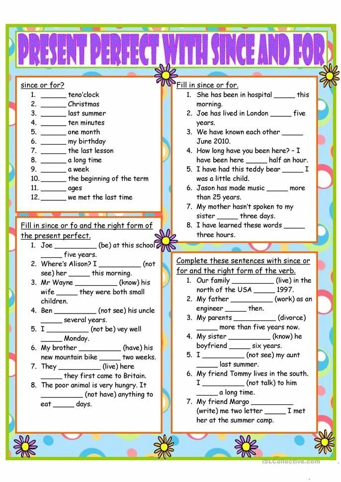 Present perfect воркшит. Английский Worksheet present perfect. Present perfect упражнения 5 класс Worksheets. Present perfect with since and for ответы.