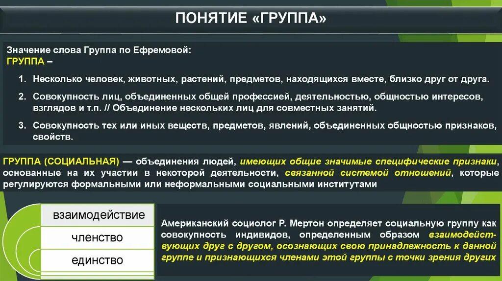 Понятие группы. Понятие группы лиц. Понятие слова коллектив. 1. Понятие группы. Свойство группы объединенная