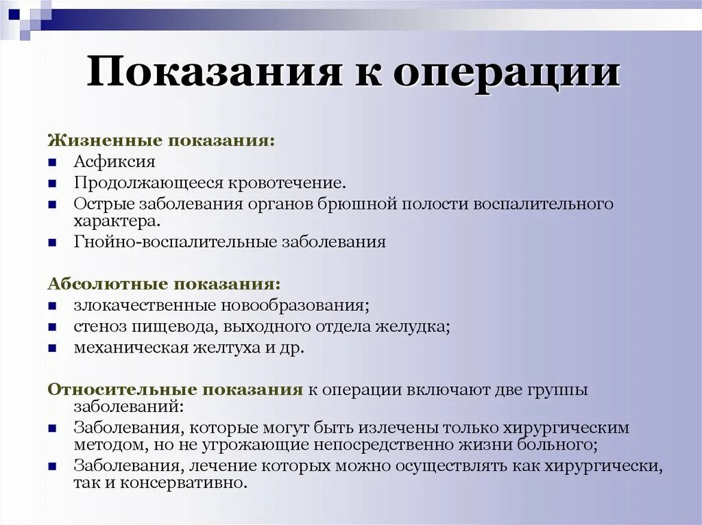 Операции необходимые для подготовки. Абсолютные показания к операции. Относительные показания к операции. Показания и противопоказания к операции. Показания к проведению операции.