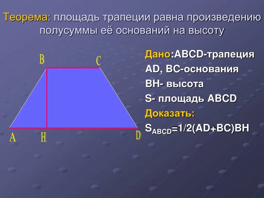 Полусумма сторон трапеции равна ее площади верно. Доказательство площади трапеции 8 класс геометрия. Площадь трапеции 8 класс. Теорема о площади трапеции. Теорема о площади трапеции с доказательством.