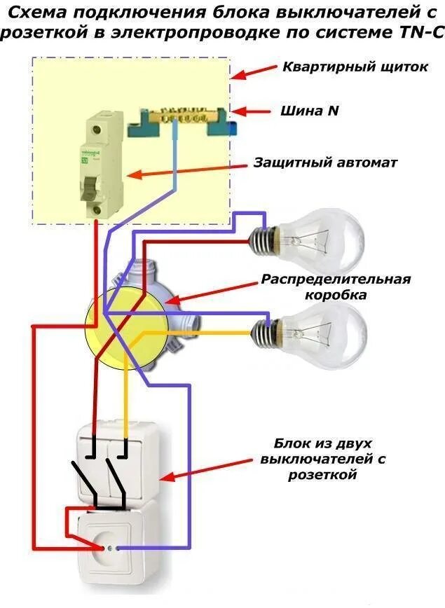 Показать как можно подключить. Схема подключения выключателя на 2 клавиши и розетка. Схема подключения 2 лампы на двойной выключатель плюс розетка. Схема подключения выключателя автоматического и розетки. Схема подключения блочного выключателя с розеткой.