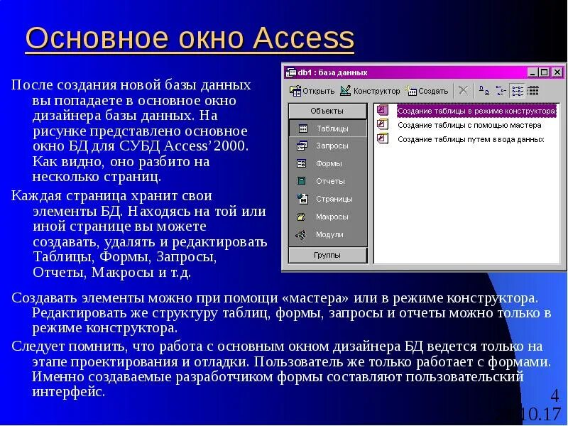 Окно базы данных. Окно база данных. Access возможности программы. Access Назначение и возможности.