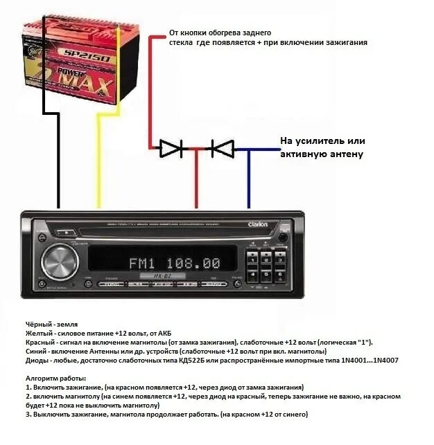 Схема подключения магнитолы через диоды. Схема подключения магнитолы 4022d. Схема подключения автомобильной магнитолы к аккумулятору напрямую. Схема подключения автомагнитолы Пионер 4022d. Почему сбивается магнитола