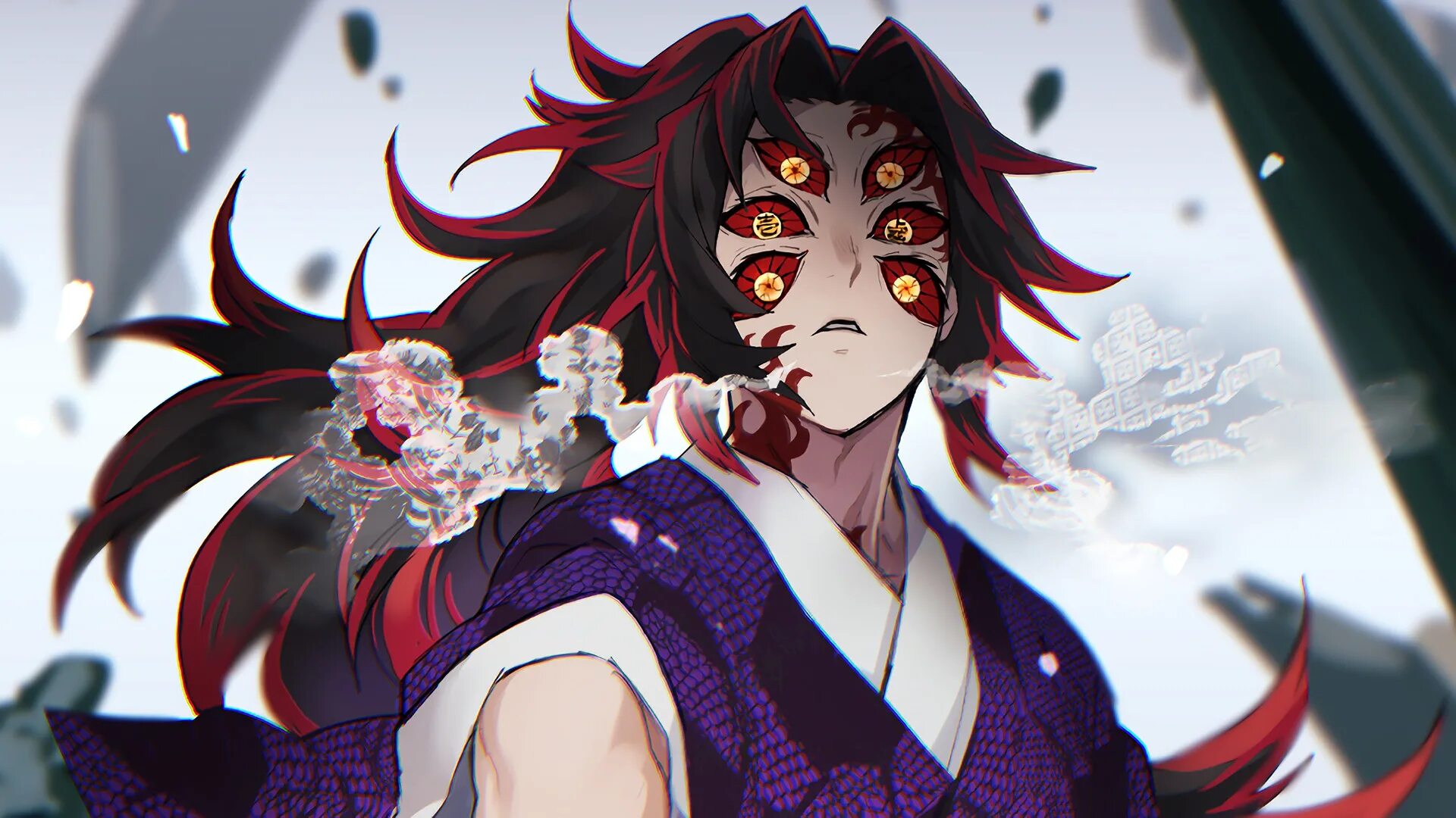 Демон молодой луны клинок. Демон Slayer Kimetsu. Демон Slayer Kimetsu Кокушибо.