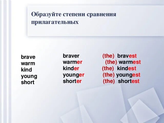 Степени сравнения прилагательного young. Breve сравнительная и превосходная степень.