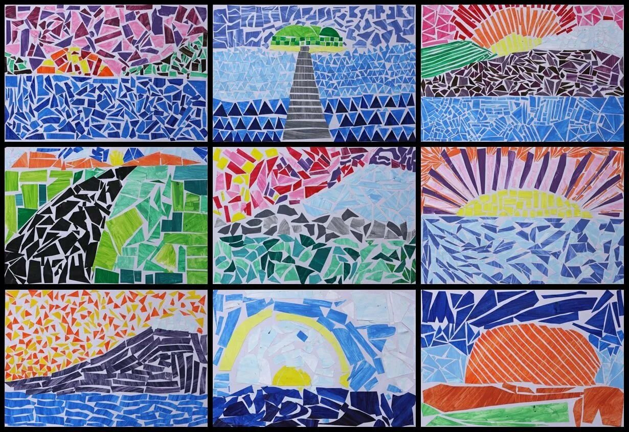 Коллаж из цветной бумаги. Аппликация пейзаж. Мозаичное рисование для детей. Мозаика из бумаги.