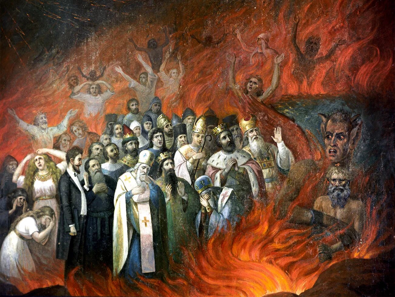 Пророчества ада. Фреска Лев толстой в аду. «Лев толстой в аду». 1883 Г. Лев толстой в аду картина. Икона Лев толстой в аду.
