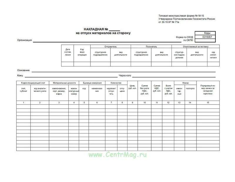 Накладная формой № м-15. Форма м15 накладная на отпуск материалов. М15 накладная давальческое сырье. Накладные на отпуск материалов на сторону м15.
