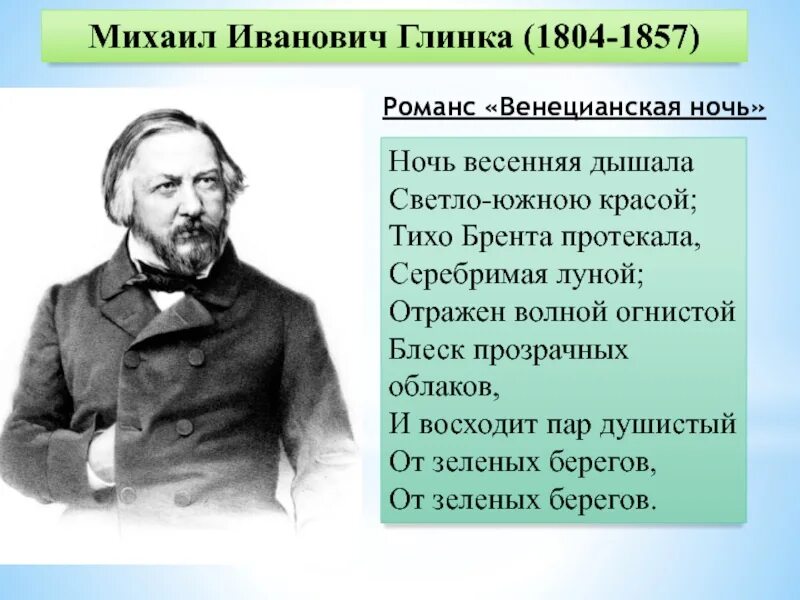 Романс венецианская ночь м глинки. Романсы Глинки.