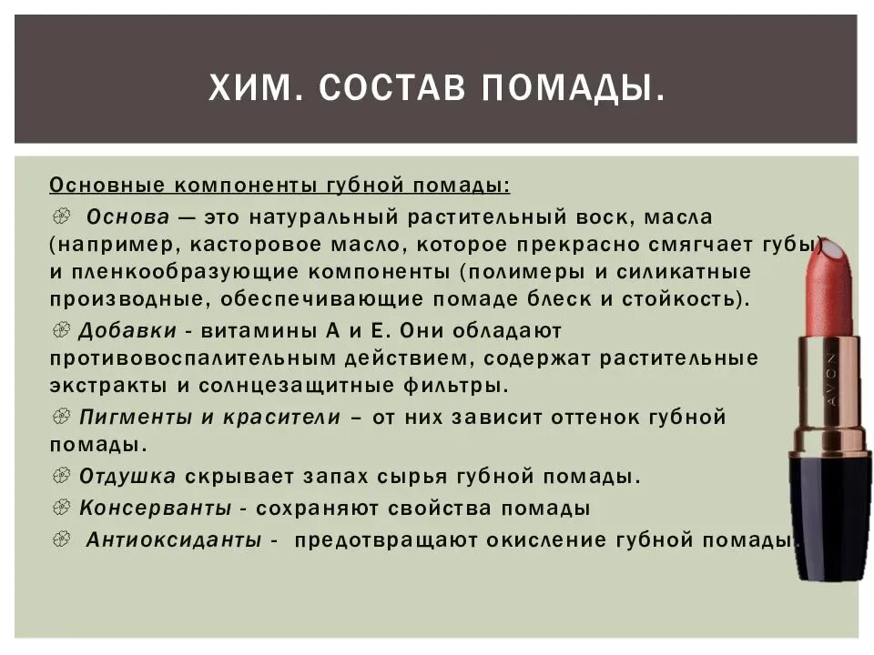 Виды губных помад. Состав губной помады. Помада для презентации. Губная помада состав. Состав помады для губ.