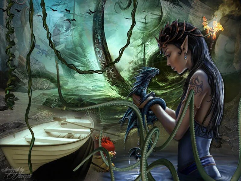 калипсо богиня моря. сакимичан дио. рыба дракон гороскоп. год дракона и знак зодиака рыбы. художник yigit koroglu.