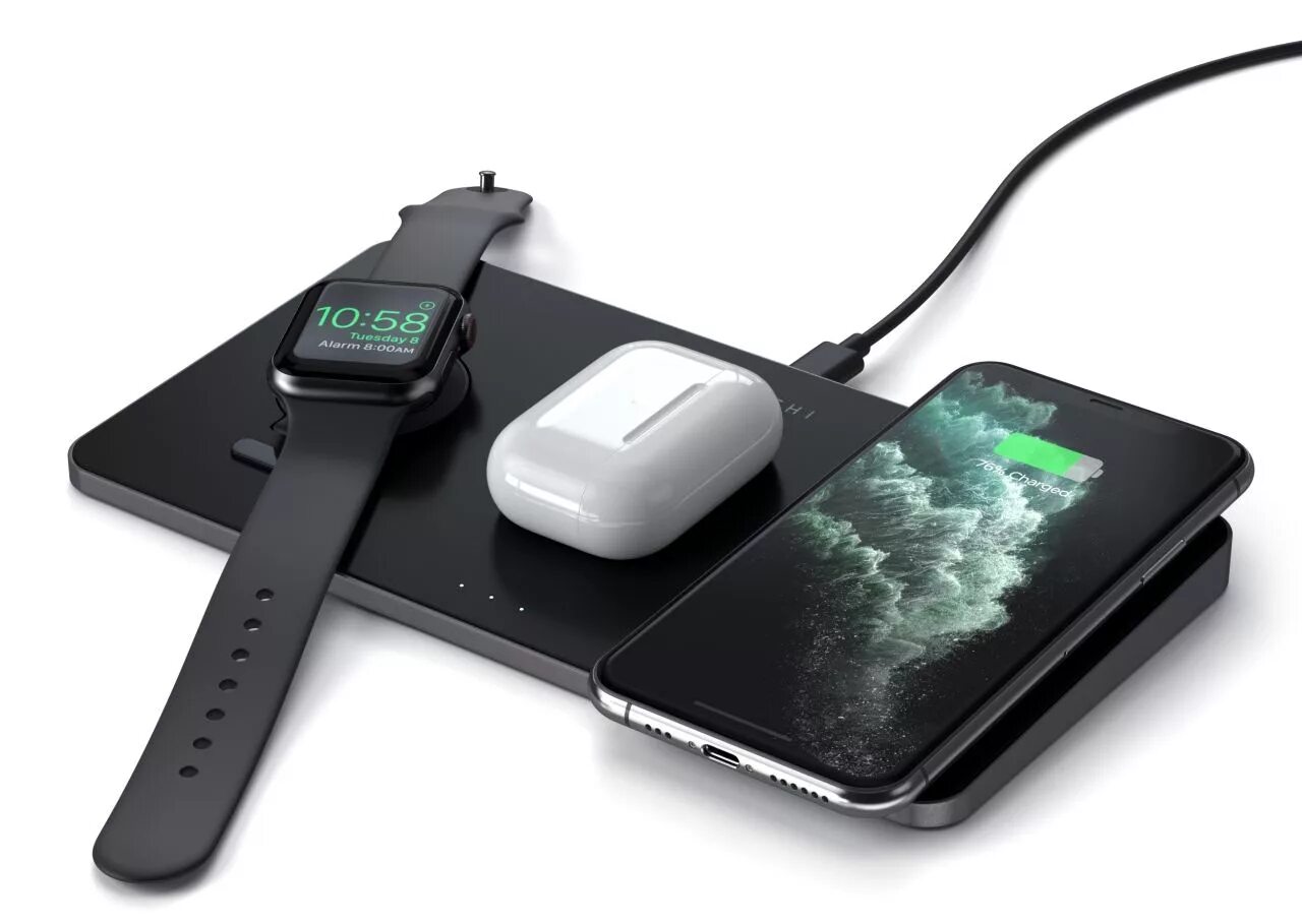 Satechi Trio Wireless Charging Pad. Satechi беспроводная зарядка для Apple. Satechi Trio Wireless Charging Pad Space Gray. Беспроводное зарядное устройство Satechi (St-x3twcpm). Как заряжаются беспроводные телефоны