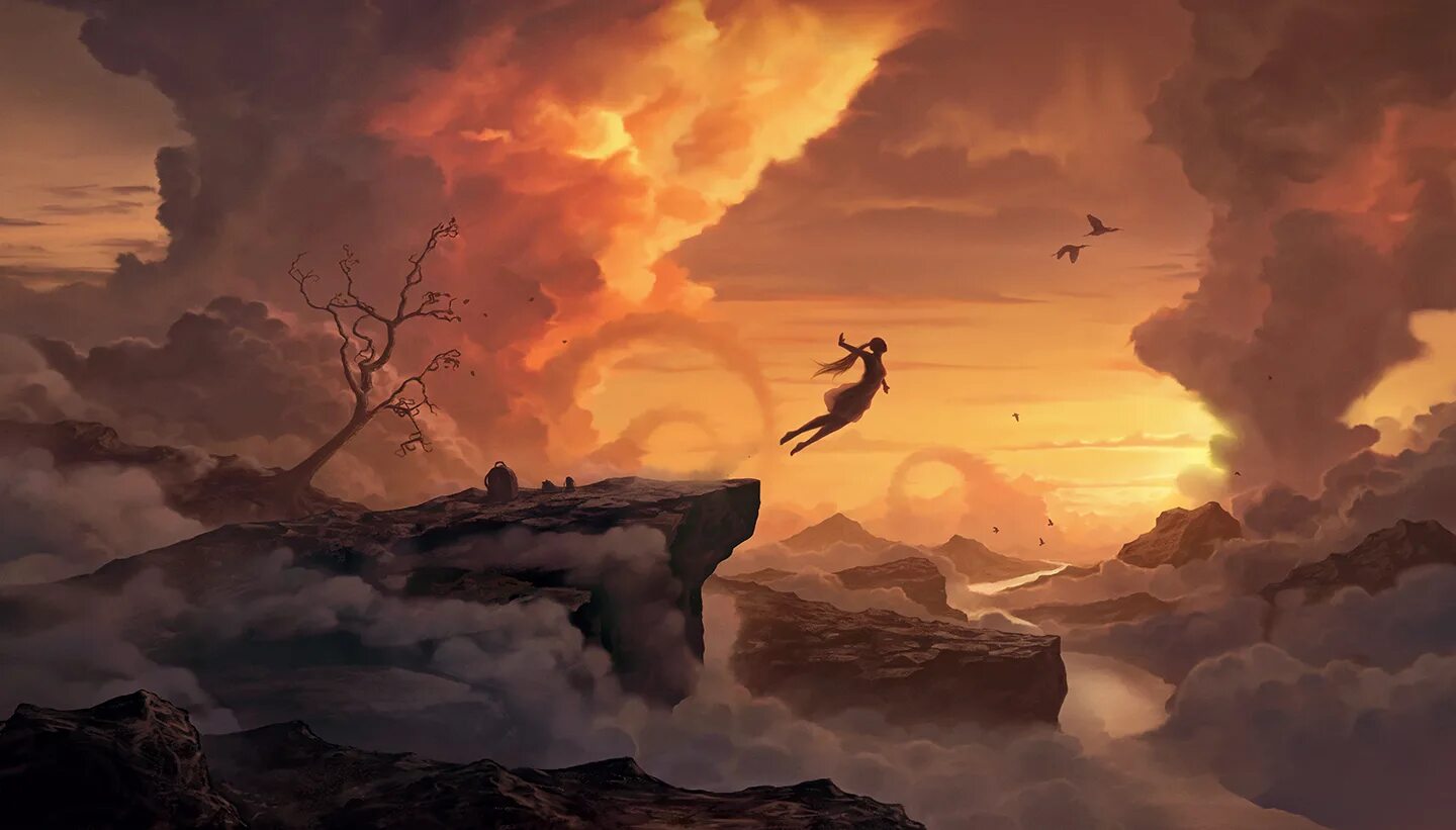 Фэнтези пейзажи. Фантастический закат. Птицы в небе арт. Фэнтези человек на скале.