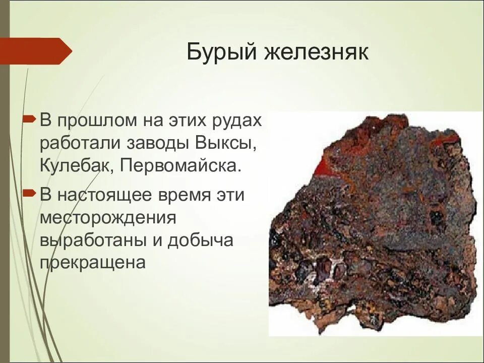 Какие ископаемые добывают в нижегородской области. Лимонит бурый Железняк. Бурый Железняк Нижегородская область. Бурый Железняк полезное ископаемое. Бурый Железняк руды.