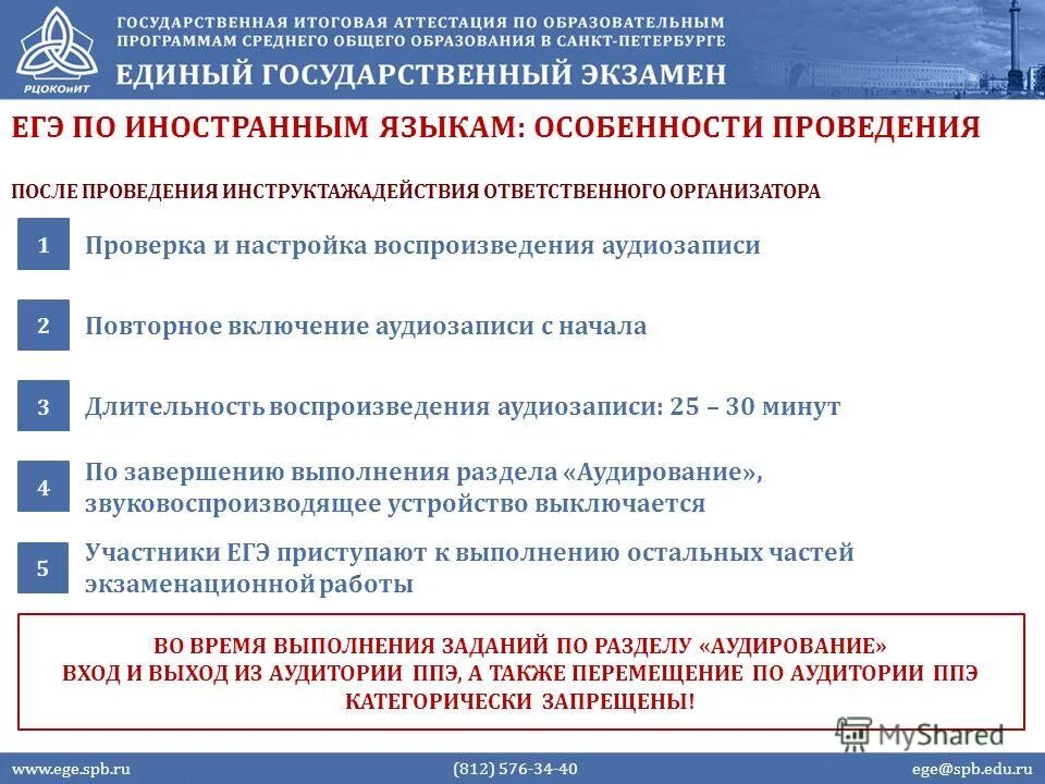Когда организатор включает воспроизведение текста аудирования