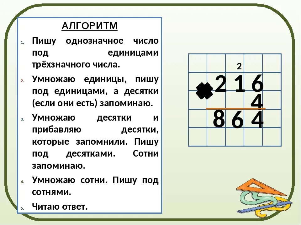 Алгоритм умножения в столбик на однозначное число. Умножение в столбик на однозначное число 3 класс правило. Умножение трехзначного числа на однозначн. Правило умножения трехзначного числа на однозначное. Примеры умножения многозначного числа на двузначное