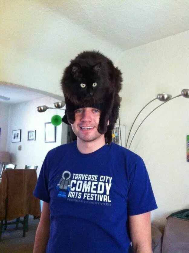 кот вместо шапки. голова кота. шапка из живого кота. голова кота. парень с головой кота.