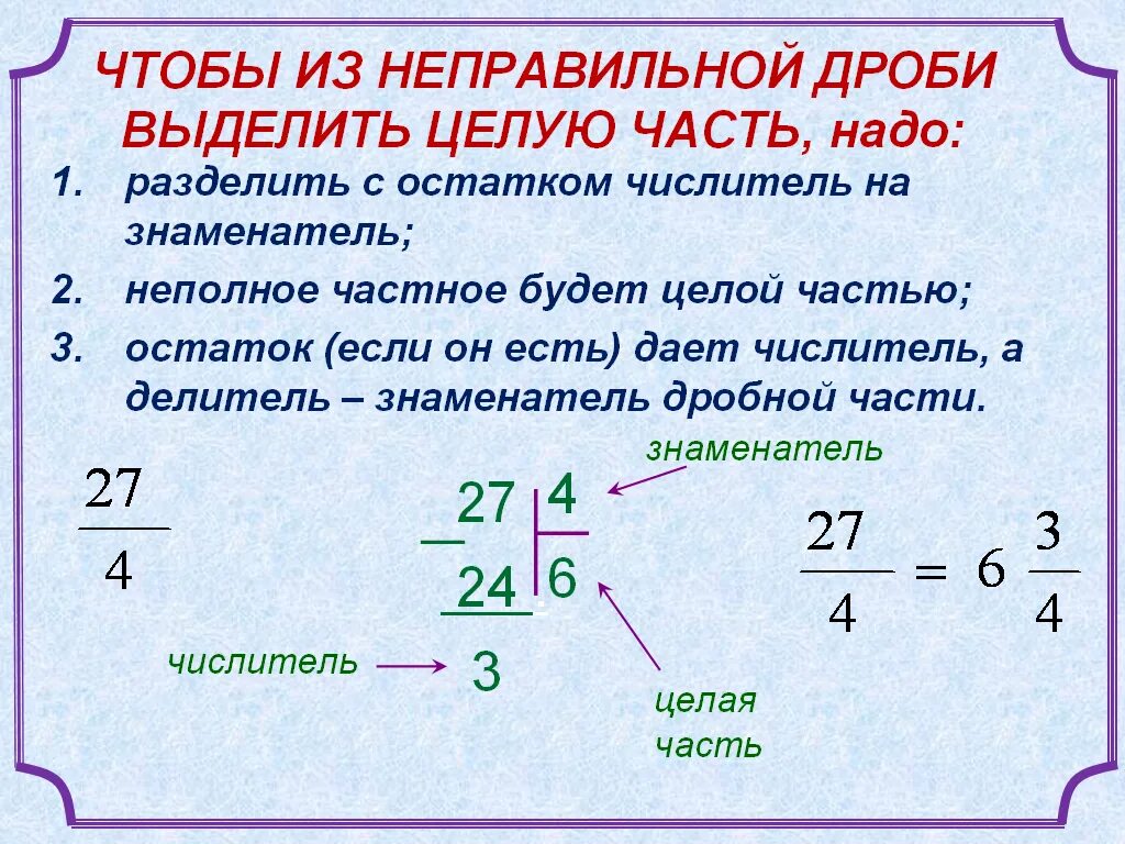 Как из 5 сделать неправильную дробь. Что такое целая часть дроби 5 класс. Как выделить целую часть из неправильной дроби 5. Как выделить целую часть из неправильной дроби 6 класс. Как выделить целую часть из неправильной дроби 5 класс.