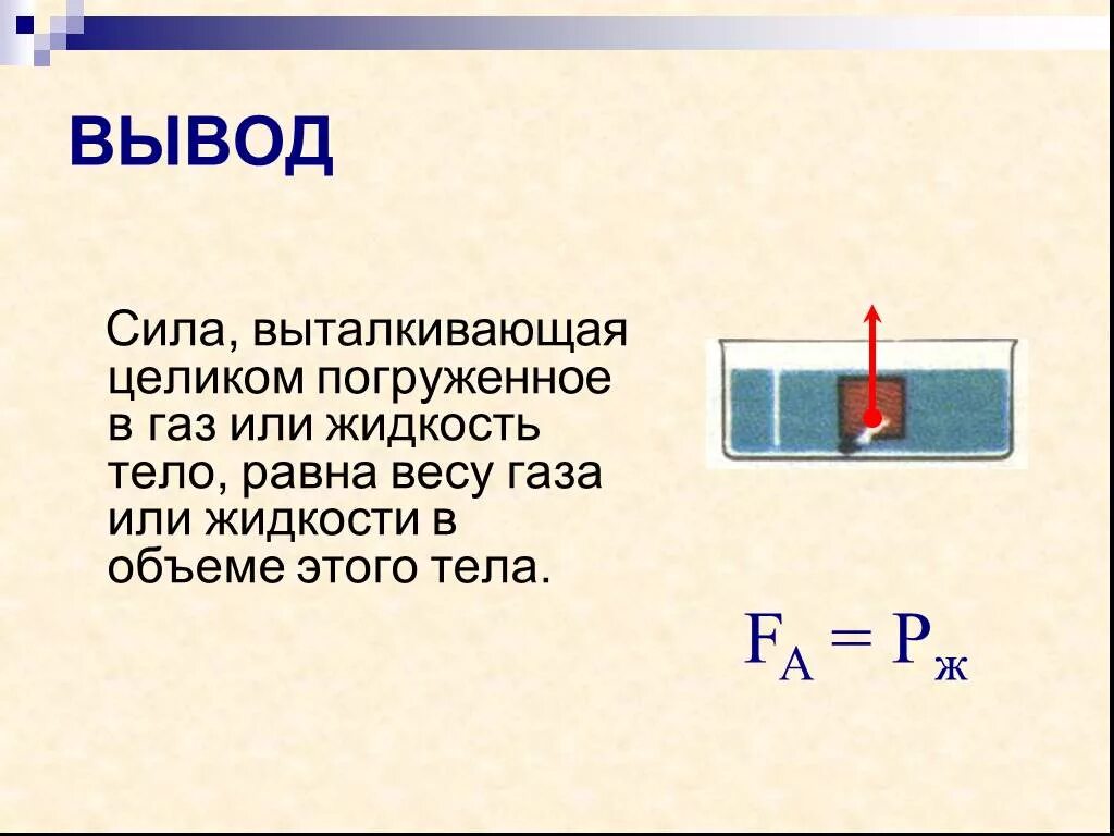 Определи с какой силой выталкивается. Физика 7 класс Выталкивающая сила закон Архимеда. Выталкитва,щая сила физика 7 класс. Сила Выталкивающая целиком погруженное тело. Сила Выталкивающая целиком погруженное в жидкость тело равна.