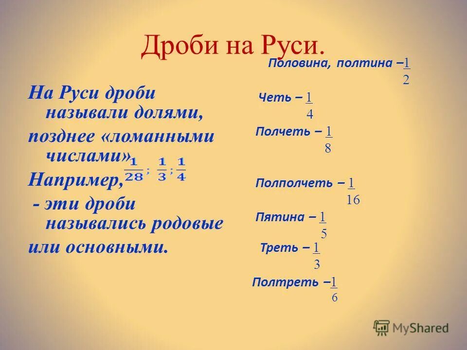 Название дробей на Руси. Обыкновенные дроби на Руси. Название дробей в древней Руси. Старинные названия дробей. История дробей 5 класс