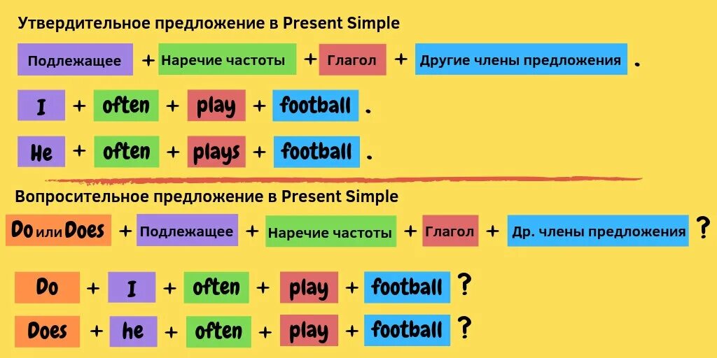 Вопросительные предложения в английском 3 класс. Схема построения общих вопросов в present simple. Present simple образование утвердительной формы. Present simple порядок слов в предложении. Схема построения презент Симпл.