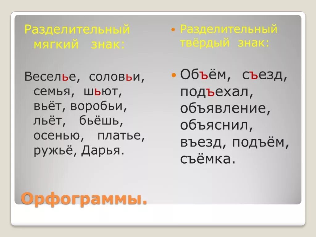 Слова с разделительным твердым знаком. Арфограма рвзделительнльный мягкий знак. Слова с разделительным мягким. Орфограмма разделительный мягкий знак.