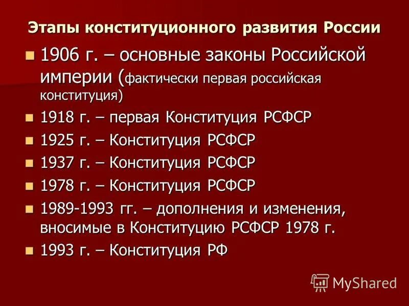 10 основных государственных. Первая Российская Конституция 1906. Основные законы 1906. Периоды конституционного развития России. Основные этапы развития конституционного законодательства в России.