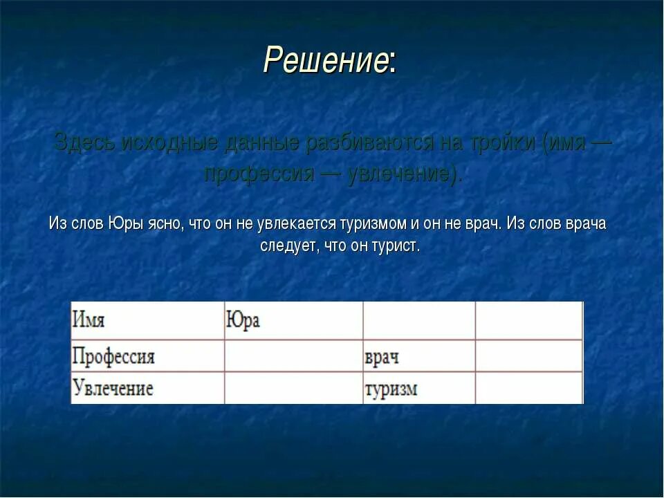 Табличные задачи на логику. Задачи решаемые таблицей 6 класс. Логическая задача с профессией и хобби юра. Логические задачи по информатике. Логические задачи с таблицей.