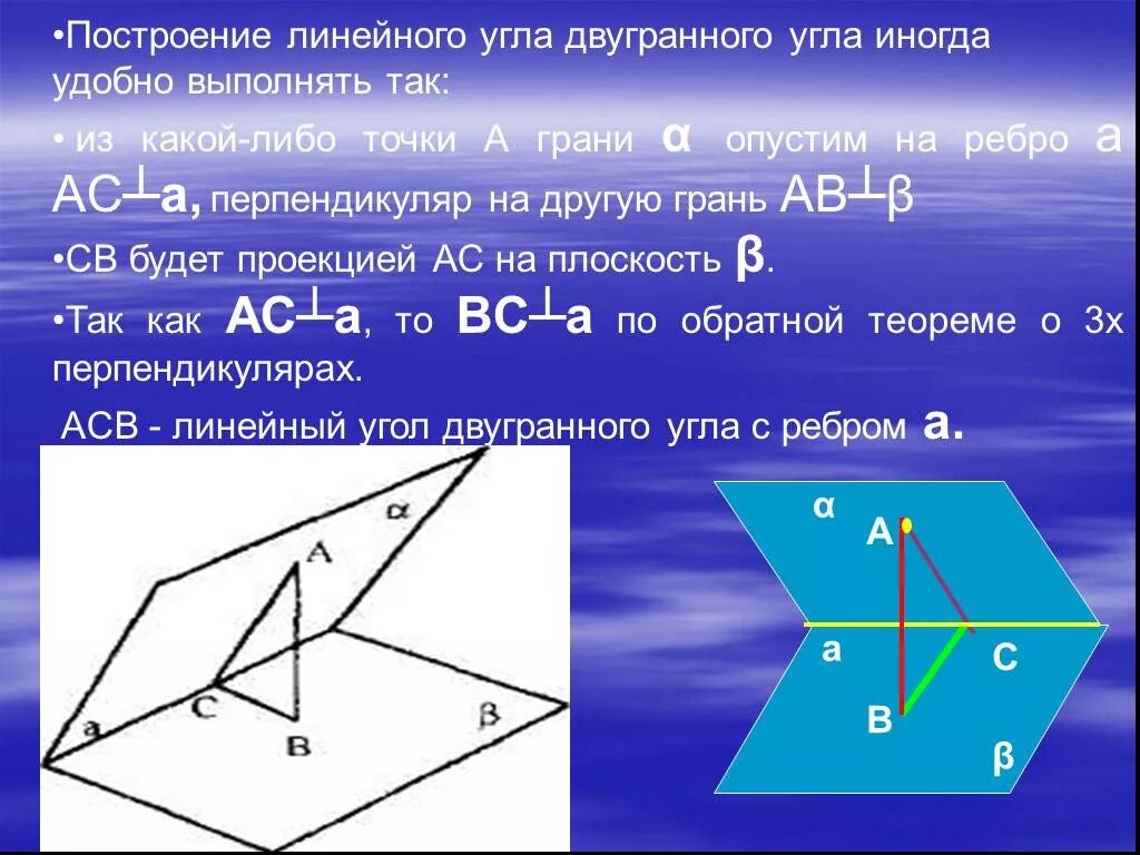 Двугранный угол равен 60 точка выбранная. Построение линейного угла. Точка лежит внутри двугранного угла. Грани двугранного угла. Линейный угол двугранного точки перпендикуляр.