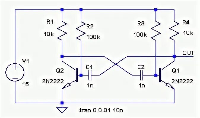 Схема с номиналами. Схема симметричного мультивибратора на транзисторе 2n3906. Мультивибратор схема на транзисторах. Схема мультивибратора на транзисторах кт315. Мультивибратор на 2n2222.