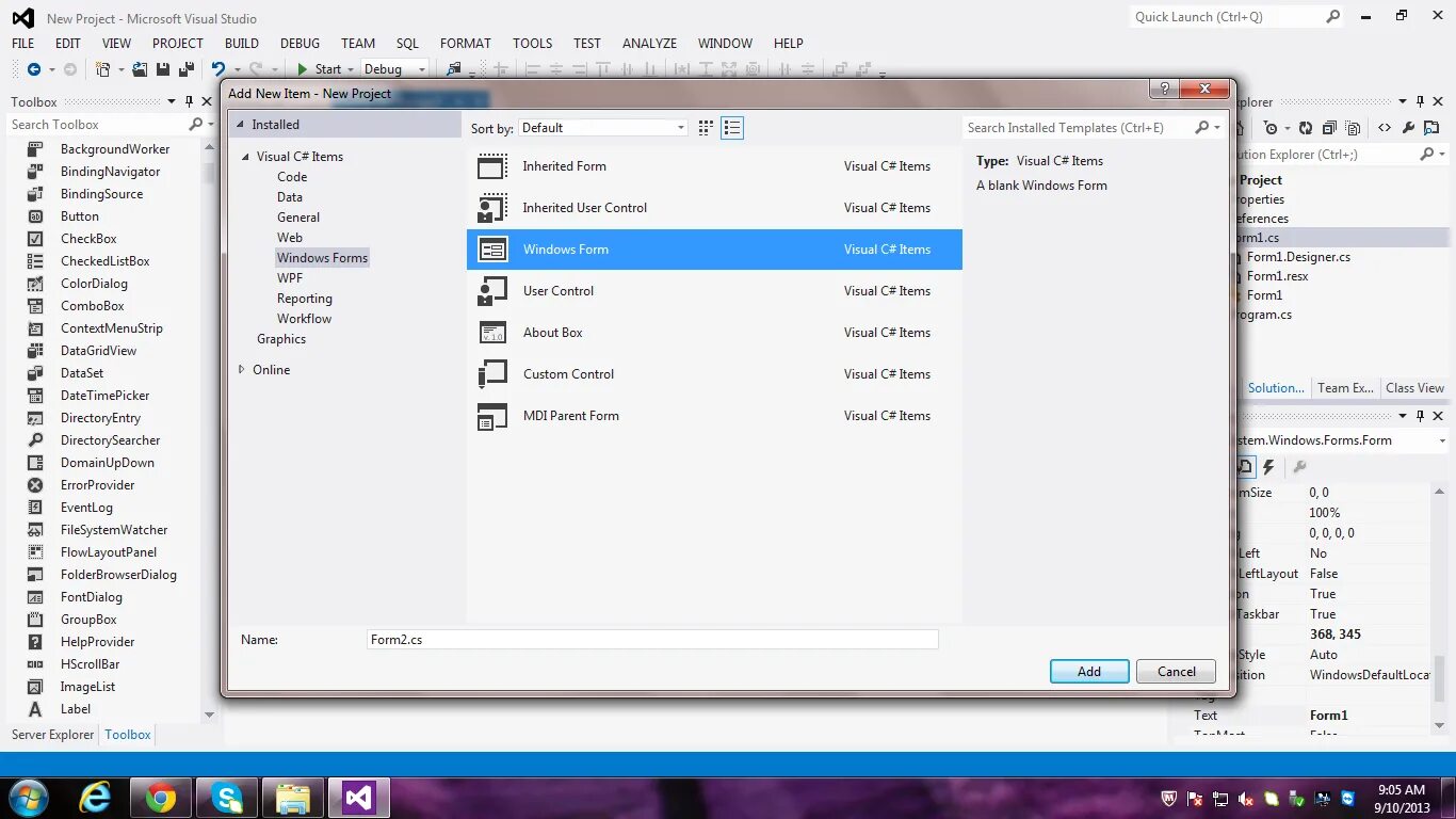 Visual Studio 2012. Visual Studio Windows forms окно загрузки. Add New item Visual Studio. New form c#.