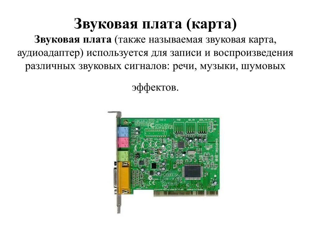 Звуковая карта находится. Назначение звуковой карты в компьютере. Звуковая карта это в информатике. Звуковая карта это кратко. Звуковая плата это в информатике.