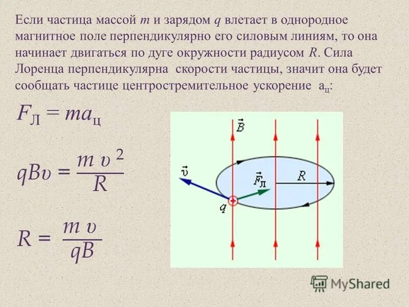 Частица с массой 0 и зарядом 1. Магнитное поле перпендикулярно силовым линиям поля. Частица в магнитном поле движется по окружности. Частица влетает в однородное магнитное поле перпендикулярно линиям.