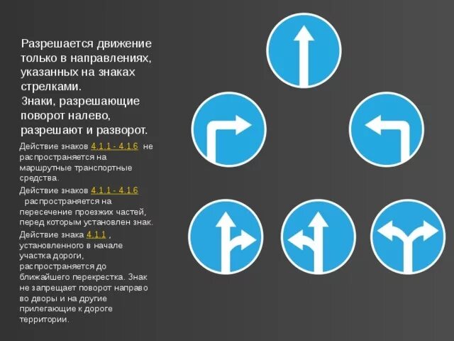 Предписывающие знаки 4.1.1-4.1.6. Дорожный знак предписывает движение прямо. Знак движение налево и разворот. Знаки разрешающие разворот.