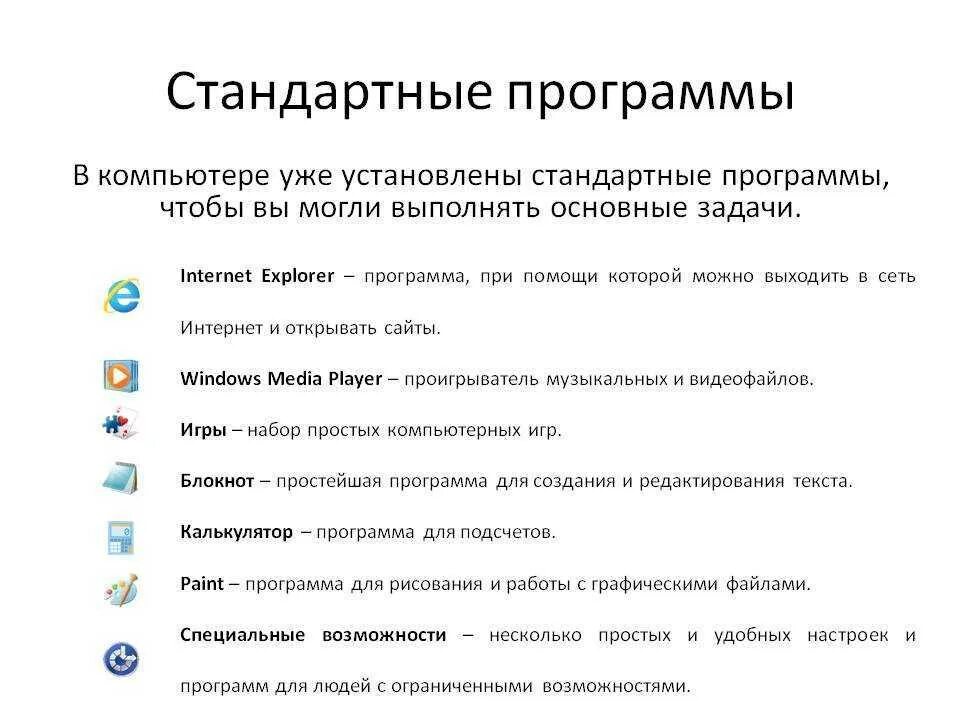 Какие есть программы. Перечень стандартных программ компьютера. Назначение стандартных программ Windows. Компьютерные программы список. Стандартные компьютерные программы.