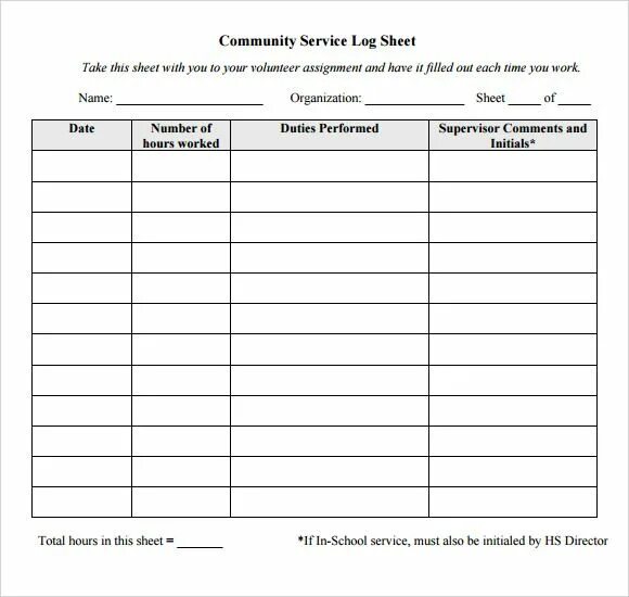 Log Sheet. Community Template. Community service. Hours of community services.