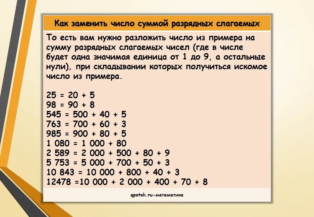 Каким должно быть следующее число. Как заменить число суммой разрядных слагаемых. Разложить число на сумму разрядных слагаемых. Суммы разрядных слагаемых число. Заменить число суммой разрядных слагаемых.