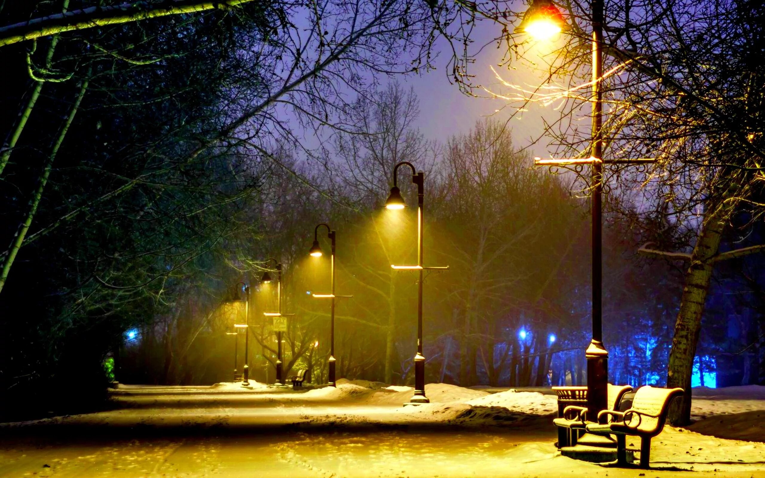 Освещение улиц. Уличное освещение зимой. Аллея с фонарями. Парк вечером. 7 вечера на улице