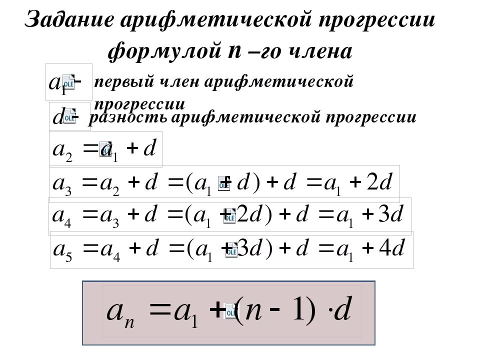 Первый элемент арифметической прогрессии. Формула а н в арифметической прогрессии. Формула а1 в арифметической прогрессии. Формула нного числа арифметической прогрессии. Формула энного члена арифметической прогрессии.