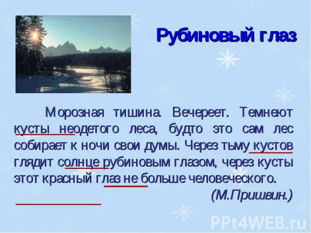 Восстановить текст уже вечереет. Морозная тишина вечереет темнеют. рубиновый глаз пришвин. вечереет текст. текст на тему вечереет.