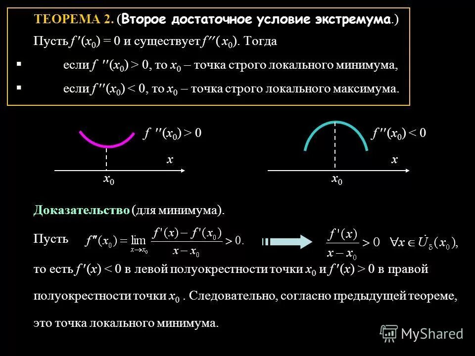 Достаточное условие экстремума функции двух переменных. Достаточные условия локального экстремума функции. Точка локального максимума функции. Необходимые и достаточные условия существования экстремума в точке. Достаточные условия экстремума функции (2 теоремы).
