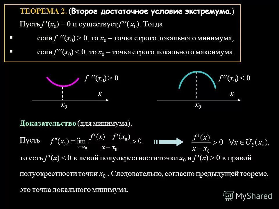 Найти точку максимума логарифм. . Достаточные условия экстремума функции (2 теоремы).. Достаточное условие локального экстремума функции. Достаточное условие экстремума функции в точке. Второе достаточное условие экстремума функции.