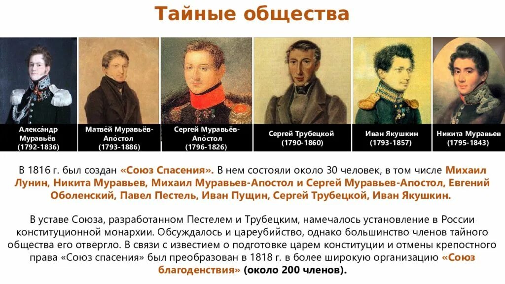 Союз спасения программа. Тайные общества Декабристов 1816–1825 гг.. Тайные общества Декабристов при Александре 1. Южное общество Декабристов. Движение Декабристов первые тайные общества.